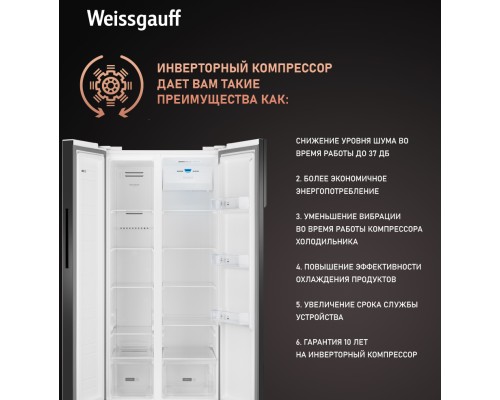 Купить Отдельностоящий холодильник с инвертором Weissgauff WSBS 500 Inverter NoFrost White Rock Glass в интернет-магазине Мега-кухня 18 Купить Отдельностоящий холодильник с инвертором Weissgauff WSBS 500 Inverter NoFrost White Rock Glass в интернет-магазине Мега-кухня 18