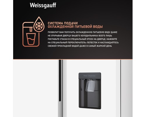 Купить Отдельностоящий холодильник с инвертором и подачей воды Weissgauff WSBS 600 W NoFrost Inverter Water Dispenser в интернет-магазине Мега-кухня 11 Купить Отдельностоящий холодильник с инвертором и подачей воды Weissgauff WSBS 600 W NoFrost Inverter Water Dispenser в интернет-магазине Мега-кухня 11